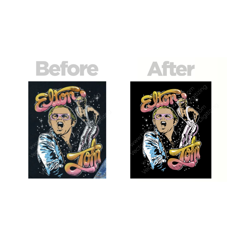 Before and after animated portrait of Elton John through vector art