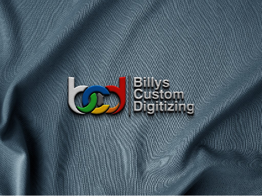 Billys Custom Digitizing logo embroidered on a piece of grey cloth