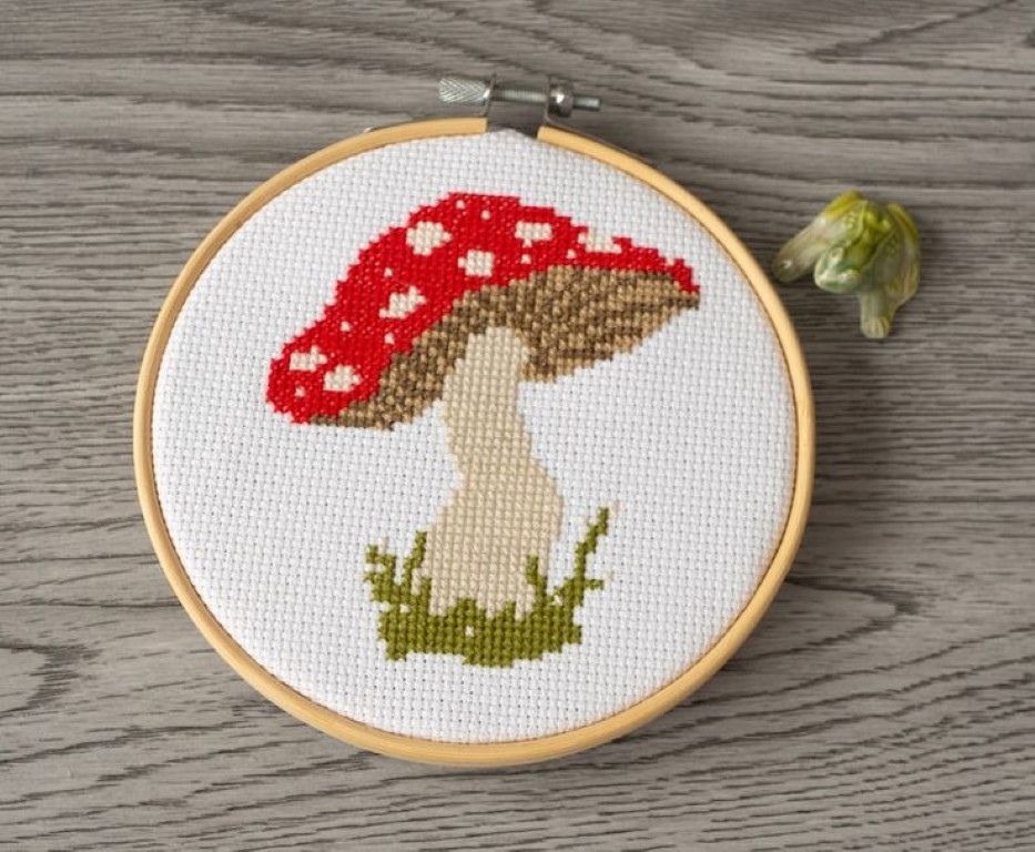 Mushroom design stitched on a piece of cloth