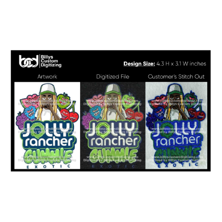 Artwork in digitized and stitch form